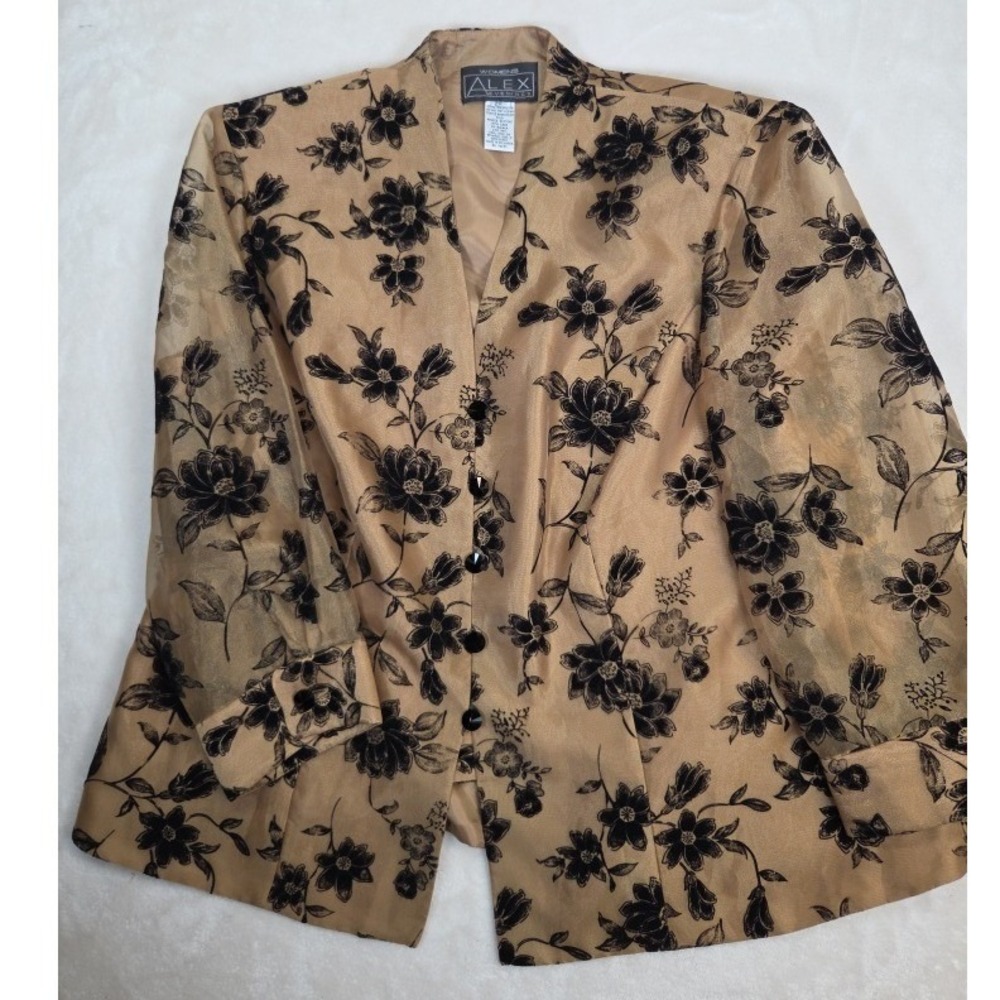 Alex Evenings Jacket Women 14 Mustard Green Floral Sheer V-Neck Button Front 90s